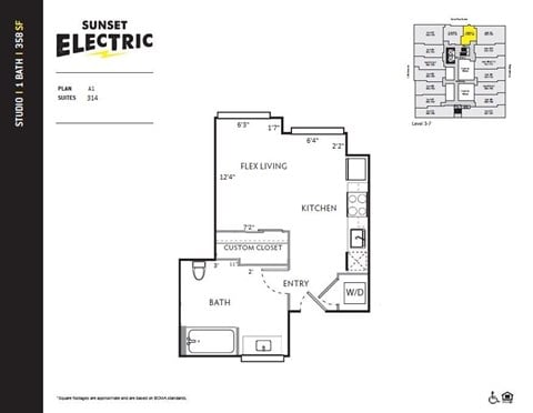 Floor plan for studio, 1 bath, 358 sqft